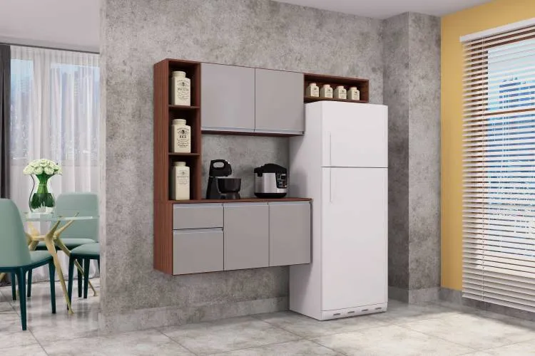 Cozinha Suspensa com Balcao Mel 163 Branco.Cinza Poquema — Capuccino/Off White