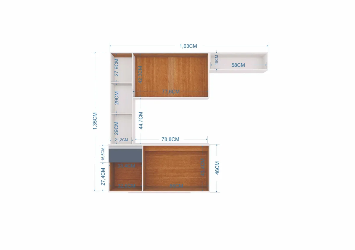 Cozinha Suspensa com Balcao Mel 163 Branco.Cinza Poquema — Interior/Medidas