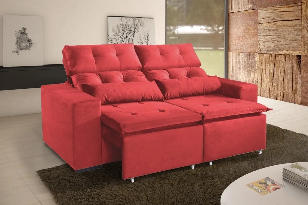 Sofa Retratil Recl Uba 2m Vel Vermelho 18 Diviminas — Veludo Suede - Vermelho - 18