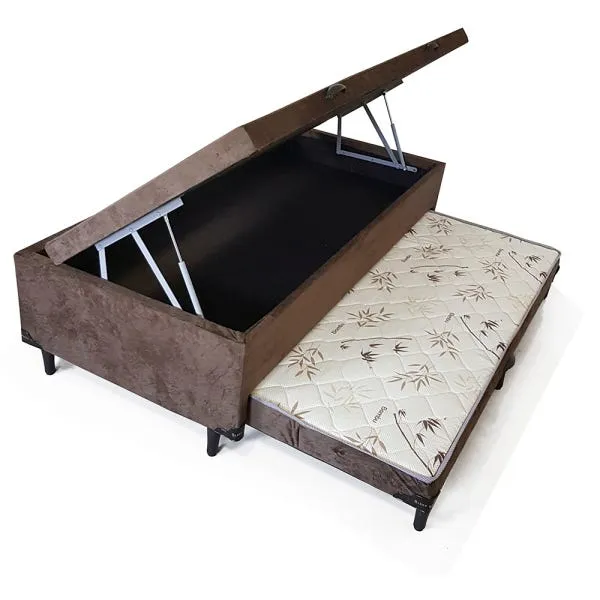 Base Bau Solteiro com Cama Auxiliar 88x188x47 Corino Marrom AN SR Moveis — Base Bau Solt com Aux - Suede Marrom