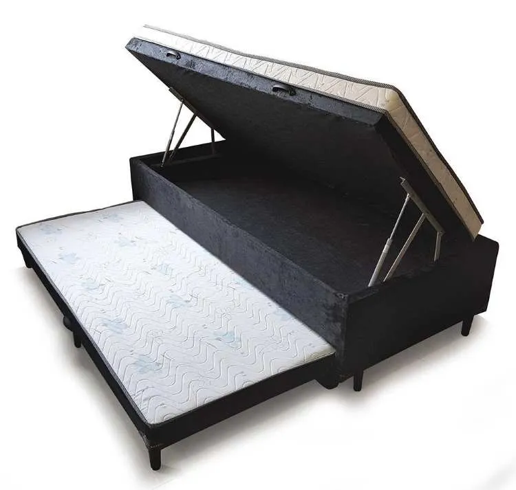 Base Bau Solteiro com Cama Auxiliar 88x188x47 Corino Marrom AN SR Moveis — Base Bau Solt com Aux - Suede Preto