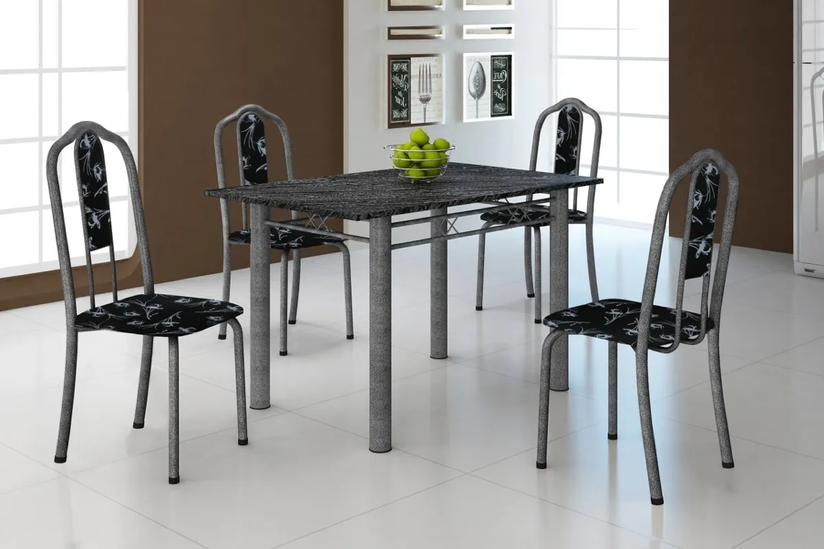 Conj Mesa Luisa Tmp Pedra 120x75 4Cds Branco Soma Mov — Mesa Tubular 120x75 Martelado Prata